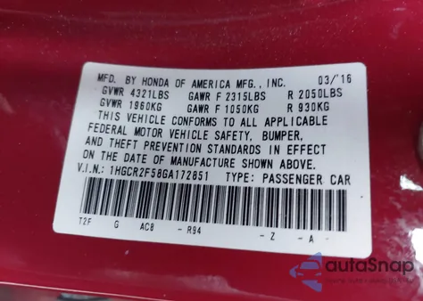 2016 Honda Accord Sport из США, поврежденный, VIN 1HGCR2F58GA172851